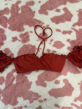 Rust Red Ruffled Sleeve Bikini Top Size S Off-Shoulder Bikini Top Passes Bra